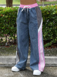 Women side striped color matching sports pants Denim wide-leg pants