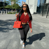 Women casual Rib Patchwork hooded zipper jacket