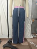 Women side striped color matching sports pants Denim wide-leg pants