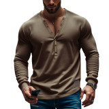 Men's American Solid long-sleeved Casual Basic Button v-neck top