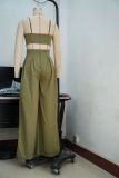 Women Plunging tank top Solid Lace-Up wide-leg pants two-piece set