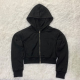 Women casual Rib Patchwork hooded zipper jacket