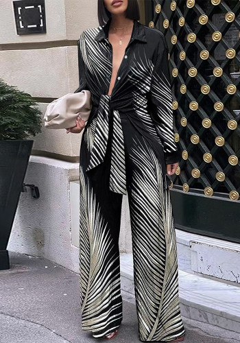Women Casual Printed Long Sleeve Shirt and Pants Two-piece Set