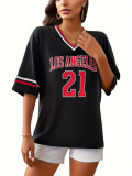 Women Striped V-neck ribbon half-sleeved Women sports los Angles printed T-shirt