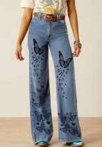 Women retro no stretchy print Denim Pant