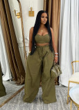 Women Plunging tank top Solid Lace-Up wide-leg pants two-piece set