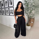 Women Plunging tank top Solid Lace-Up wide-leg pants two-piece set