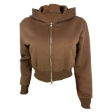 Women casual Rib Patchwork hooded zipper jacket