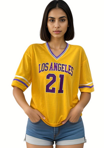 Women Striped V-neck ribbon half-sleeved Women sports los Angles printed T-shirt