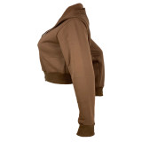 Women casual Rib Patchwork hooded zipper jacket