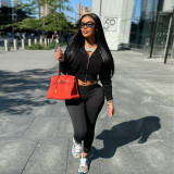 Women casual Rib Patchwork hooded zipper jacket