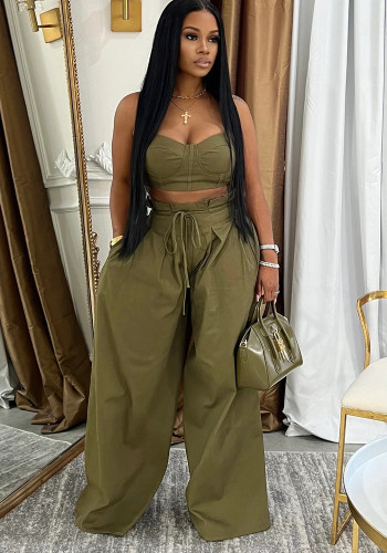 Women Plunging tank top Solid Lace-Up wide-leg pants two-piece set