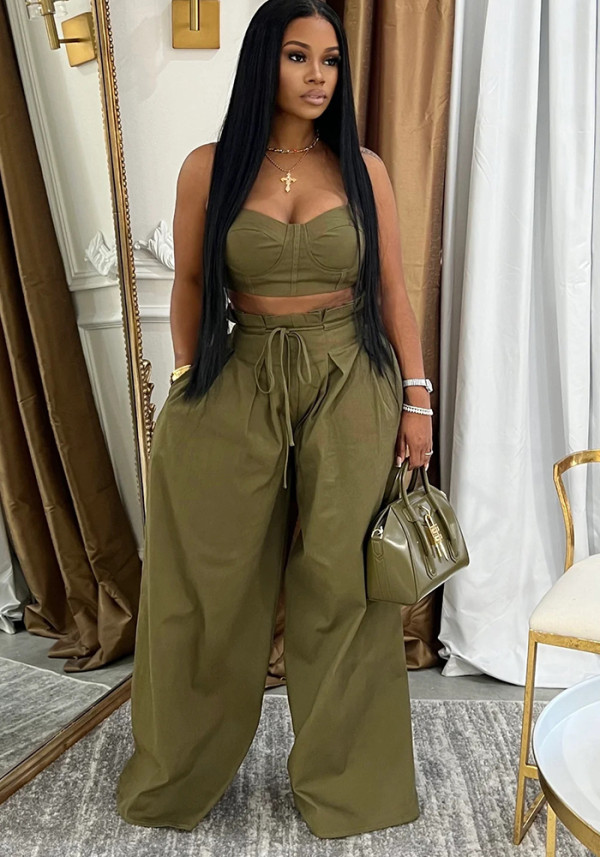 Women Plunging tank top Solid Lace-Up wide-leg pants two-piece set
