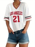 Women Striped V-neck ribbon half-sleeved Women sports los Angles printed T-shirt