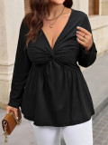 Plus Size Women Knot V-neck long-sleeved Top