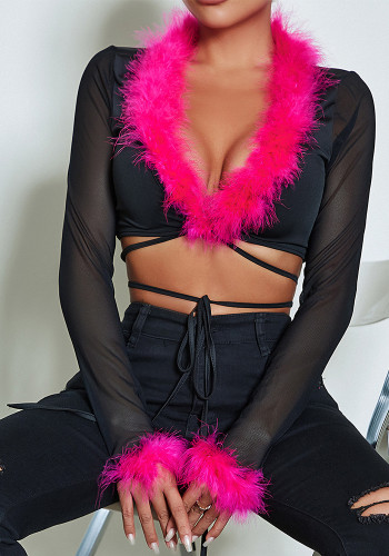 Women autumn furry Lace-Up sexy v-neck Top