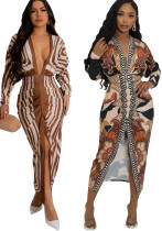 Women printed sexy v-neck long sleeve split dress