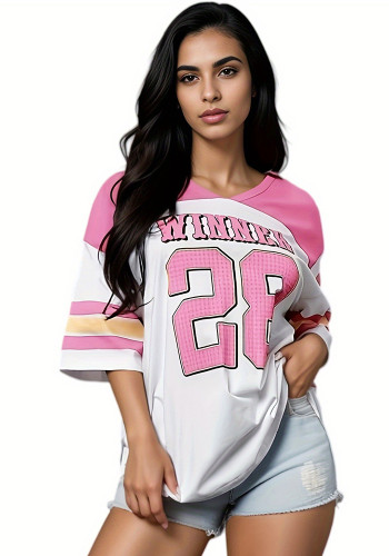 Plus Size Women digital printing Patchwork contrast color baseball American football T-shirt
