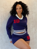 Women autumn turndown collar contrast color long-sleeved top shorts two-piece set