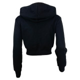 Women casual Rib Patchwork hooded zipper jacket