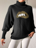 Autumn Winter Women's Sequin Lips Embroidery Turtleneck Pullover Sweater