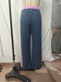 Women side striped color matching sports pants Denim wide-leg pants