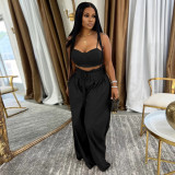 Women Plunging tank top Solid Lace-Up wide-leg pants two-piece set