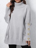 Women Pullover Women Button Knitting Solid Color High Neck Loose Knitted Sweater Tops