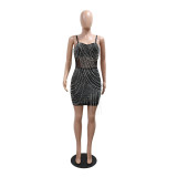 Women's Mesh Patchwork Sexy Strap Beaded Chain Party Dress