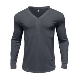 Men's American Solid long-sleeved Casual Basic Button v-neck top