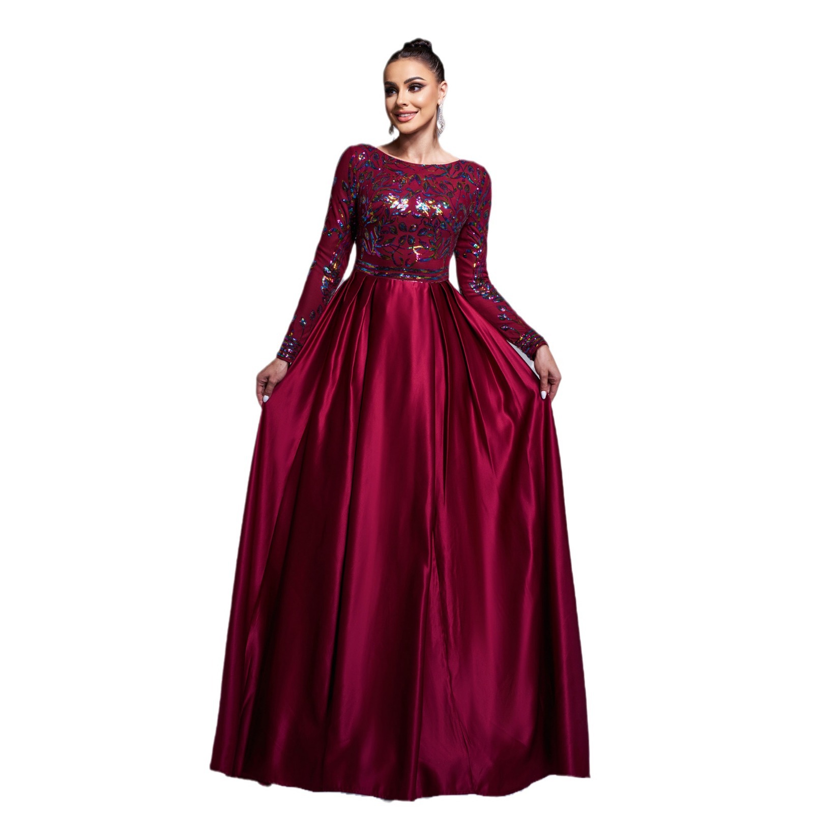 Luxury Long Sleeve Chic Round Neck Long Sequined Formal Party Swing Evening Dress Bridesmaid Dress