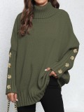 Women Pullover Women Button Knitting Solid Color High Neck Loose Knitted Sweater Tops