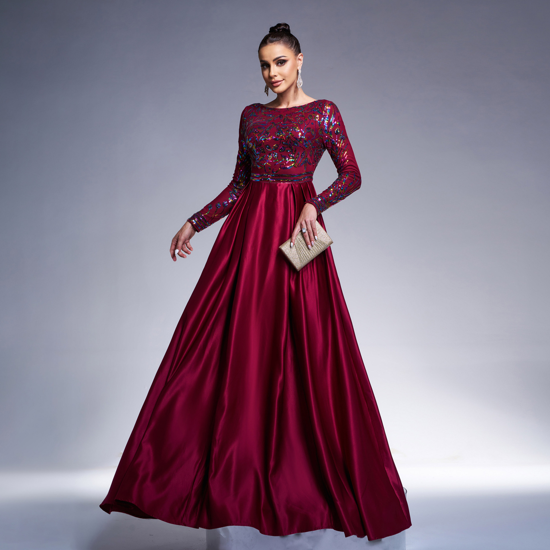 Luxury Long Sleeve Chic Round Neck Long Sequined Formal Party Swing Evening Dress Bridesmaid Dress