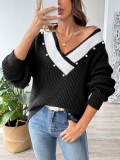 Pearl Beaded Tops Contrast Color Patchwork V-Neck Loose Knitted Pullover Sweater