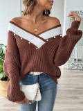 Pearl Beaded Tops Contrast Color Patchwork V-Neck Loose Knitted Pullover Sweater
