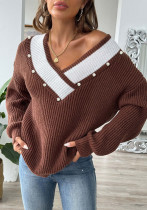 Pearl Beaded Tops Contrast Color Patchwork V-Neck Loose Knitted Pullover Sweater Pearl Beaded Tops Contrast Color Patchwork V-Neck Loose Knitted Pullover Sweater