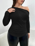 Plus Size Women T-Shirt Autumn Winter Fashion Slash Shoulder Chic Long Sleeve Top