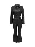 Autumn Winter Suit Leather Jacket Pants Two Piece Set