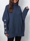 Women Pullover Women Button Knitting Solid Color High Neck Loose Knitted Sweater Tops