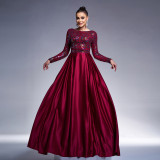 Luxury Long Sleeve Chic Round Neck Long Sequined Formal Party Swing Evening Dress Bridesmaid Dress