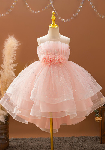 Girls Organza Sequined Tail Dress Summer Children Pink Puffy Princess Dress