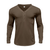 Men's American Solid long-sleeved Casual Basic Button v-neck top
