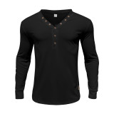 Men's American Solid long-sleeved Casual Basic Button v-neck top