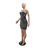 Women's Mesh Patchwork Sexy Strap Beaded Chain Party Dress