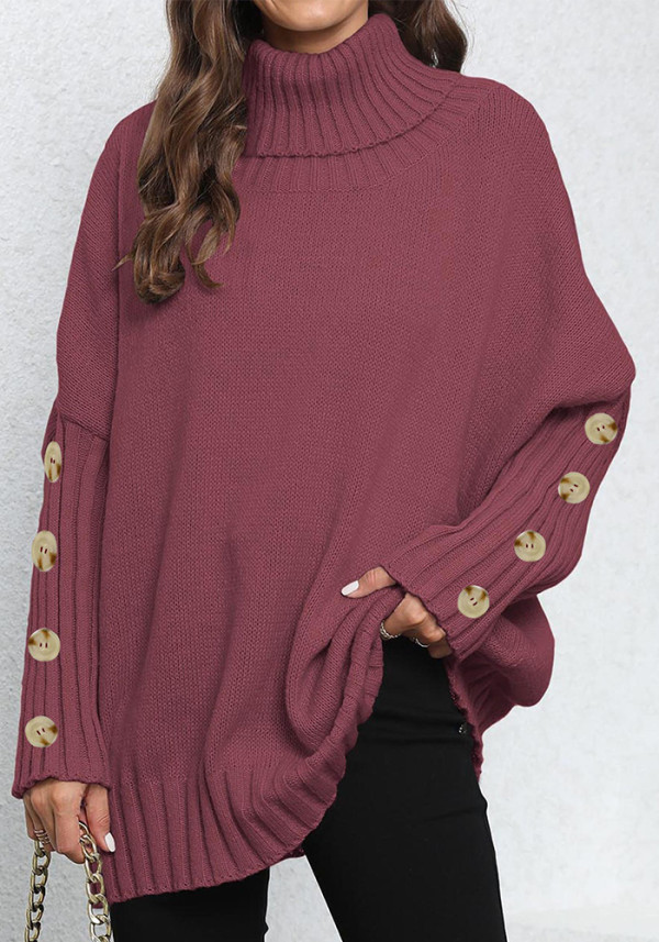 Women Pullover Women Button Knitting Solid Color High Neck Loose Knitted Sweater Tops