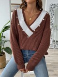 Pearl Beaded Tops Contrast Color Patchwork V-Neck Loose Knitted Pullover Sweater