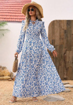 Autumn Winter Women Slim Waist Long Sleeve Fashion Floral Dress