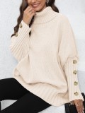 Women Pullover Women Button Knitting Solid Color High Neck Loose Knitted Sweater Tops