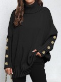 Women Pullover Women Button Knitting Solid Color High Neck Loose Knitted Sweater Tops