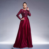 Luxury Long Sleeve Chic Round Neck Long Sequined Formal Party Swing Evening Dress Bridesmaid Dress
